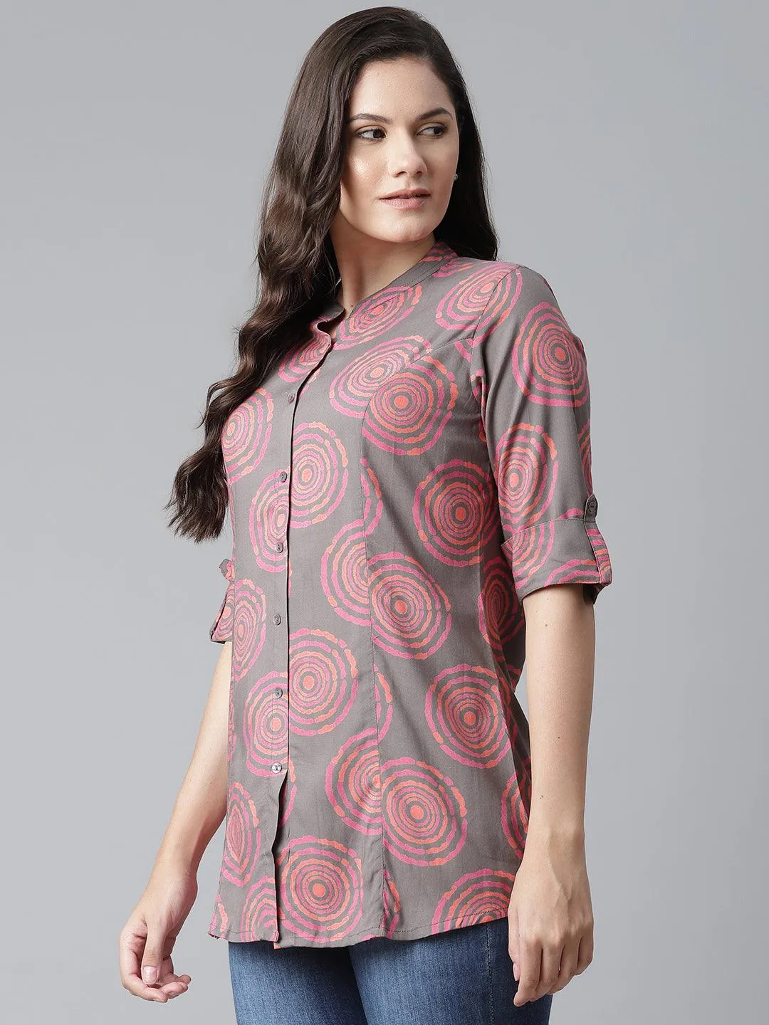 Jashvi Grey Spiral Rayon Print Top