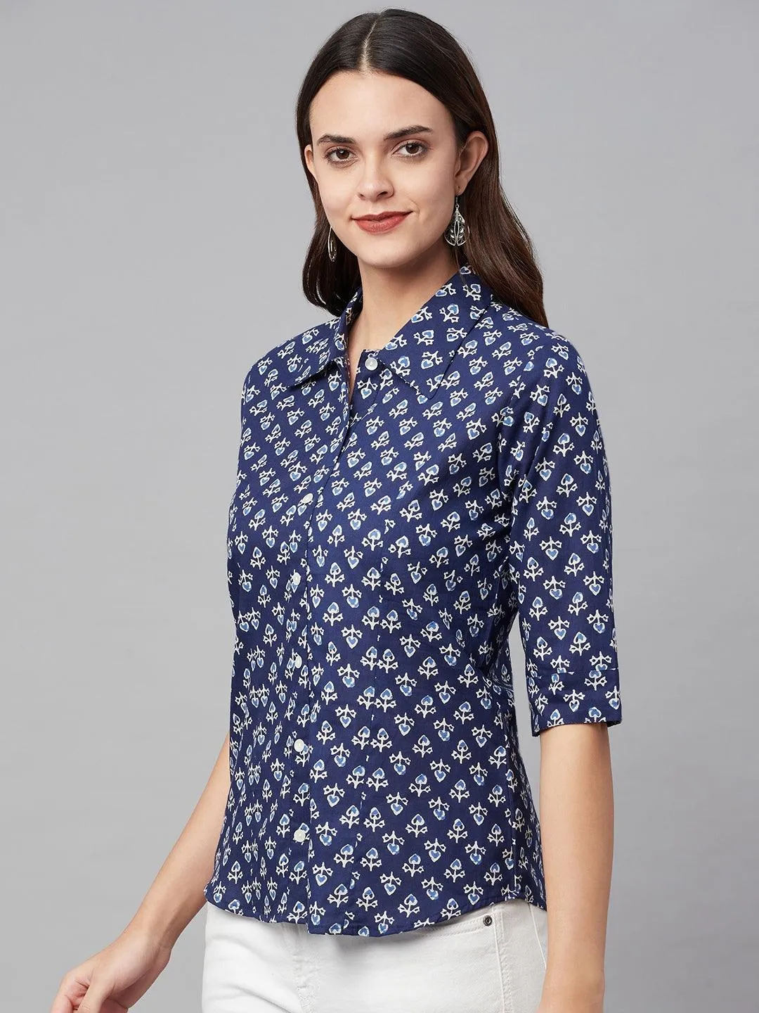 Jashvi indigo Block Printed Casual Women Shirts