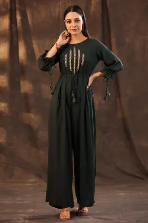 Jashvi Jade Green Ethnic Motif Printed Rayon Slub Jumpsuit With Zari Work Embroidery