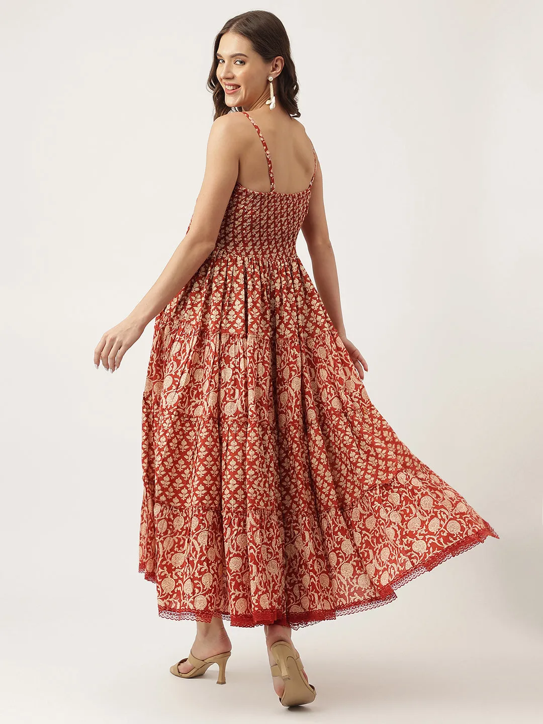 Jashvi Maroon Floral printed Cotton Tiered Dress with Smoking Back