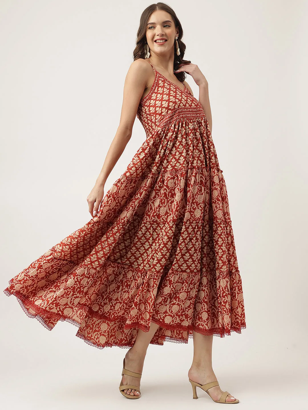 Jashvi Maroon Floral printed Cotton Tiered Dress with Smoking Back