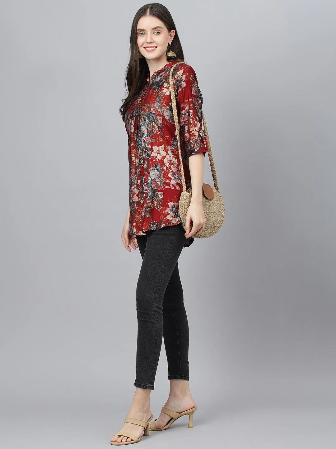 Jashvi Maroon Floral Printed Modal A-Line Shirts Style Top