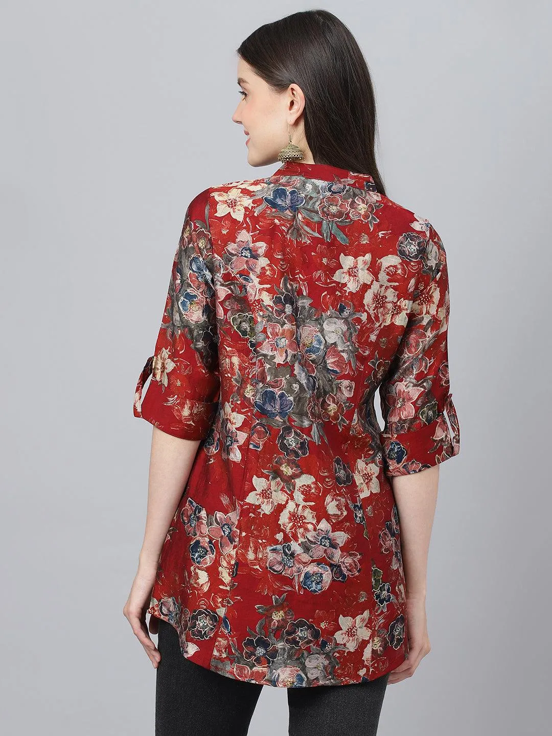 Jashvi Maroon Floral Printed Modal A-Line Shirts Style Top