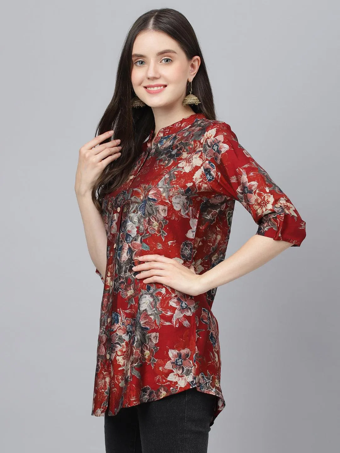 Jashvi Maroon Floral Printed Modal A-Line Shirts Style Top