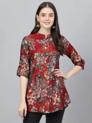 Jashvi Maroon Floral Printed Modal A-Line Shirts Style Top