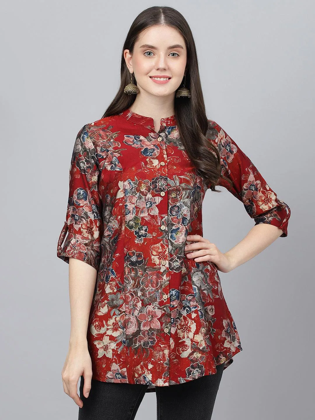 Jashvi Maroon Floral Printed Modal A-Line Shirts Style Top