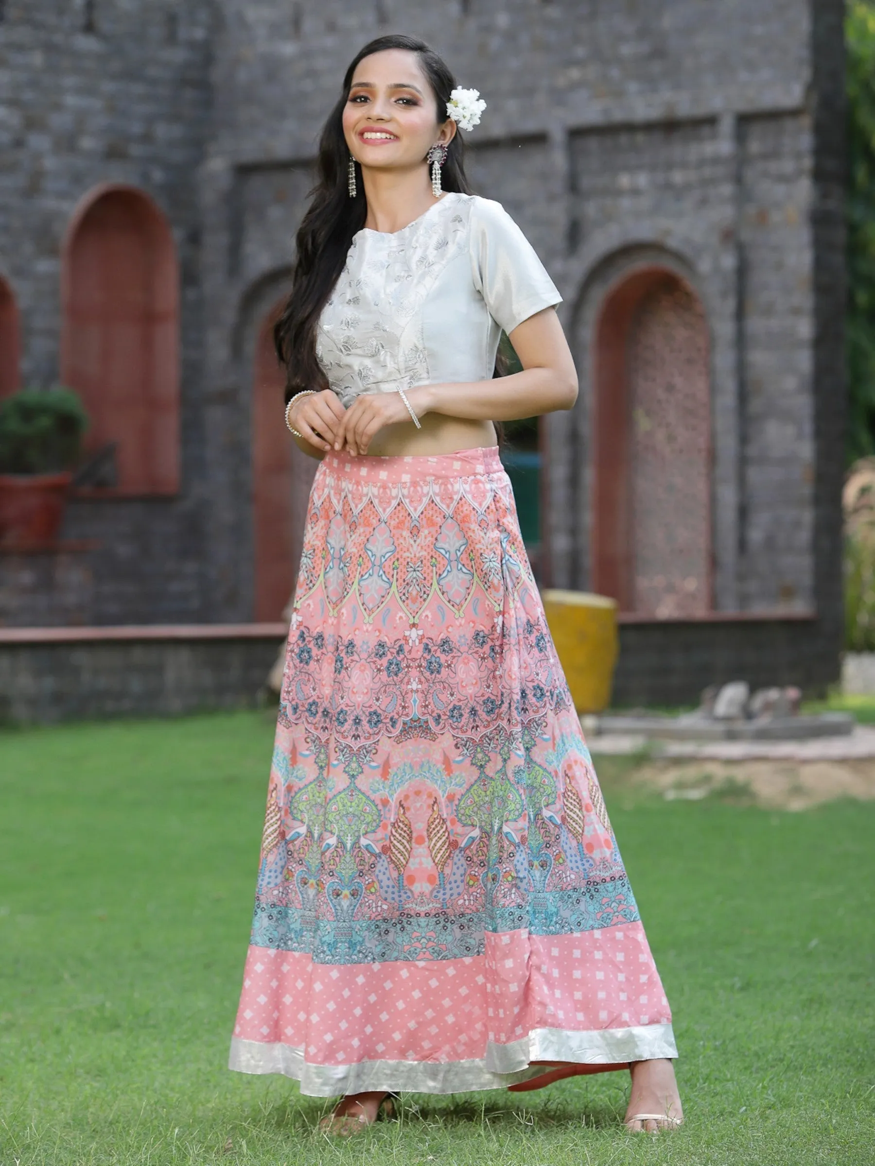 Jashvi Silver Floral Printed Shimer Embroidered Blouse With Zari Work