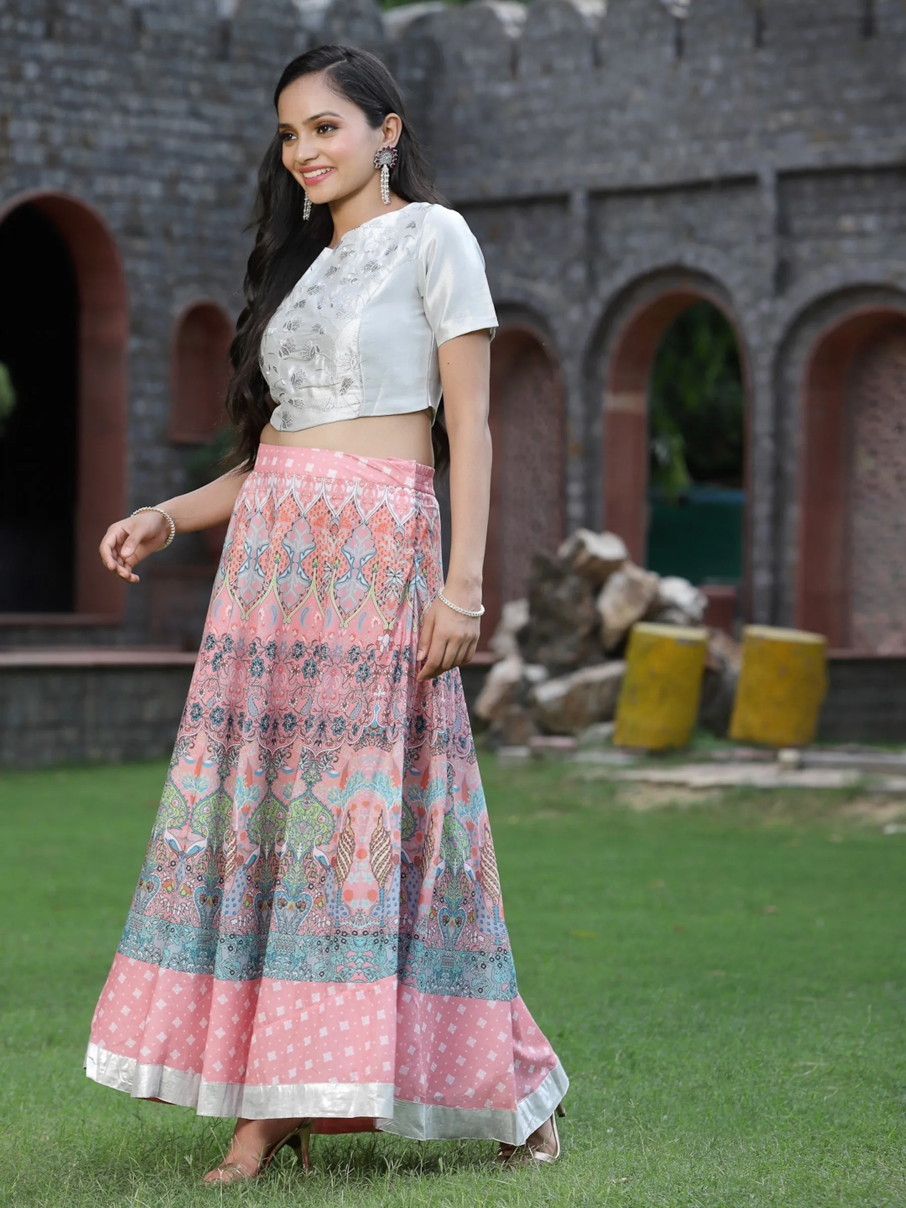 Jashvi Silver Floral Printed Shimer Embroidered Blouse With Zari Work