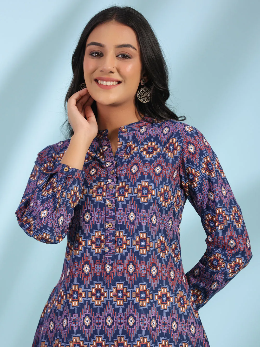 Jashvi The Crafted Geometrics Blue Geometric Printed Rayon Tunic