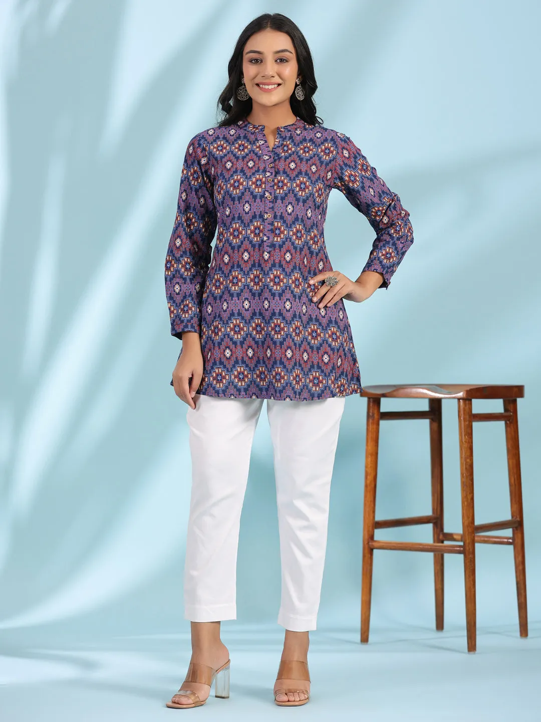 Jashvi The Crafted Geometrics Blue Geometric Printed Rayon Tunic