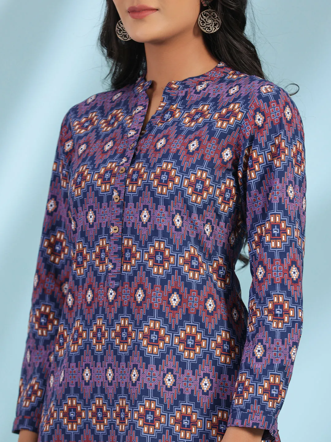 Jashvi The Crafted Geometrics Blue Geometric Printed Rayon Tunic