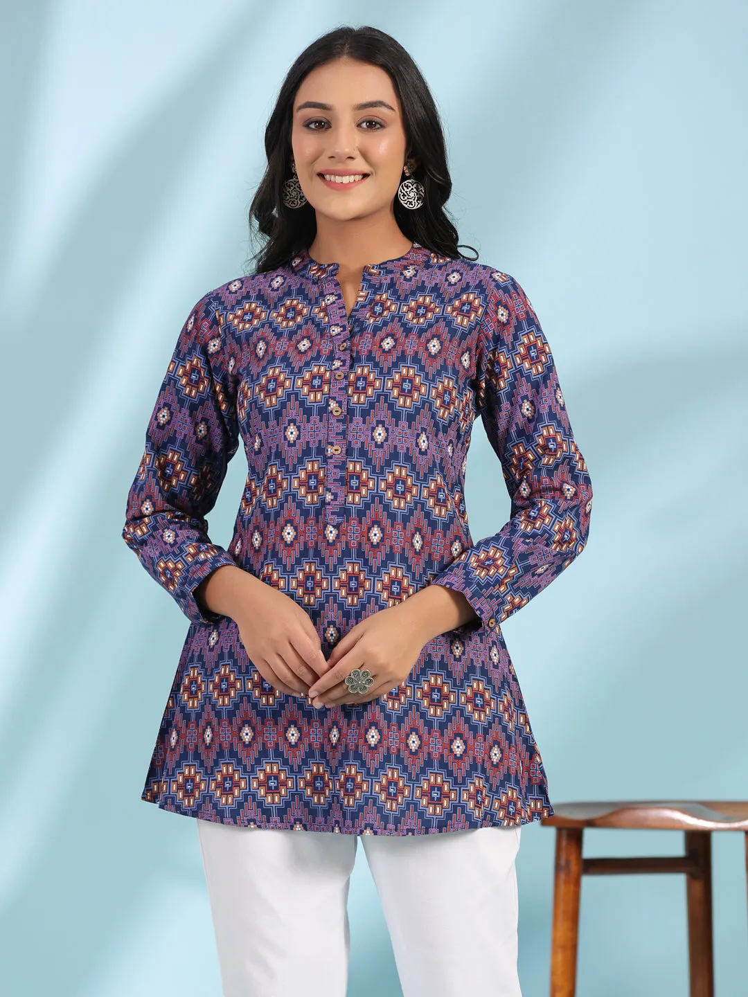 Jashvi The Crafted Geometrics Blue Geometric Printed Rayon Tunic