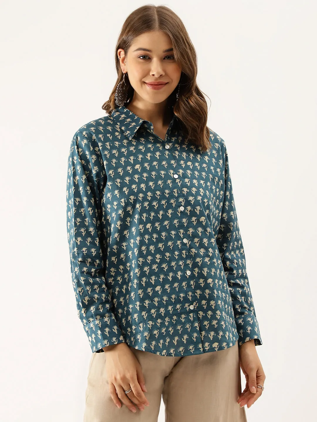 Jashvi Turquoise Blue Ethnic Motif Printed Casual Women Shirts