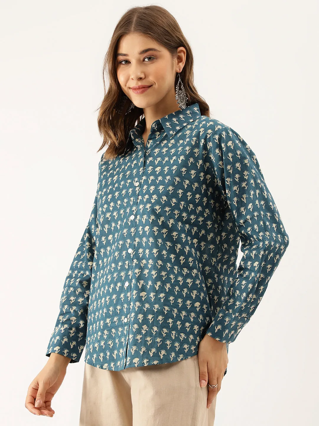 Jashvi Turquoise Blue Ethnic Motif Printed Casual Women Shirts