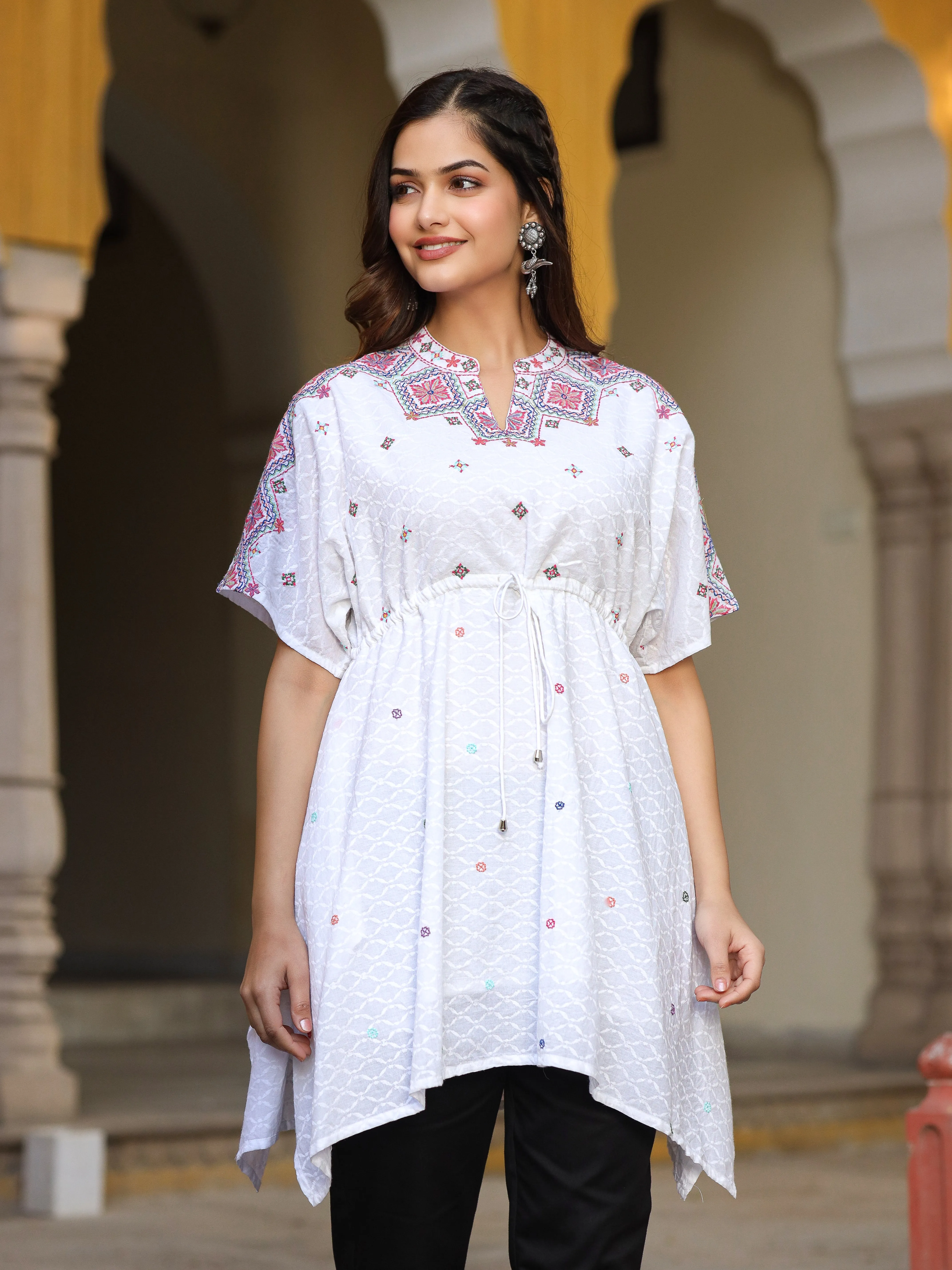 Jashvi White Cotton Dobby Asymmetric Peplum Tunic With Multi Colored Thread Embroidery