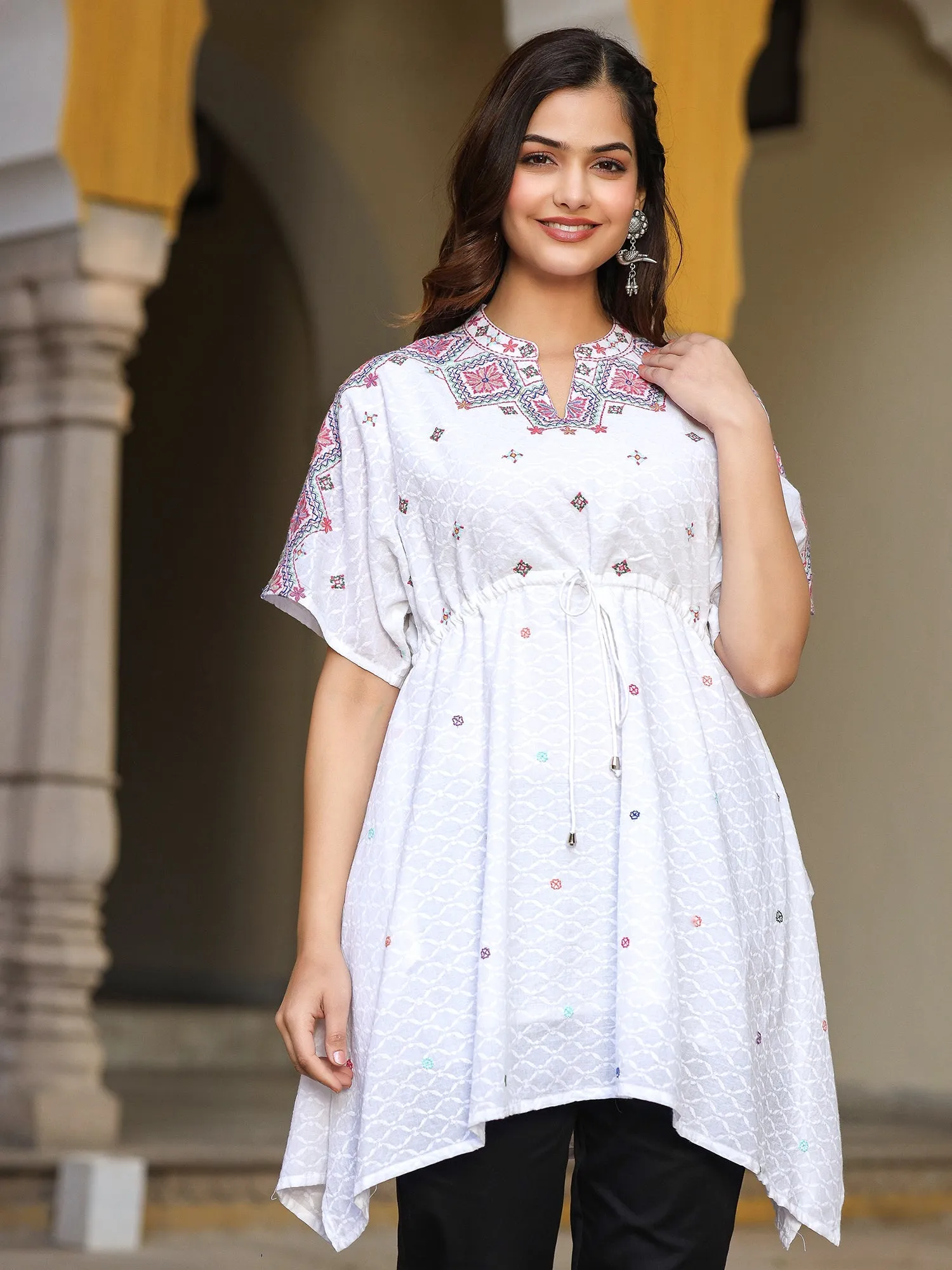 Jashvi White Cotton Dobby Asymmetric Peplum Tunic With Multi Colored Thread Embroidery