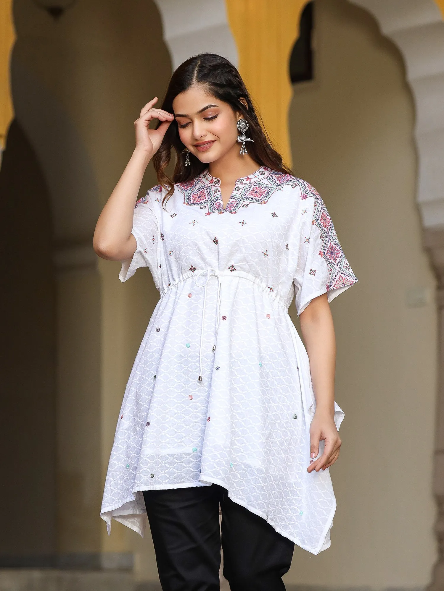 Jashvi White Cotton Dobby Asymmetric Peplum Tunic With Multi Colored Thread Embroidery