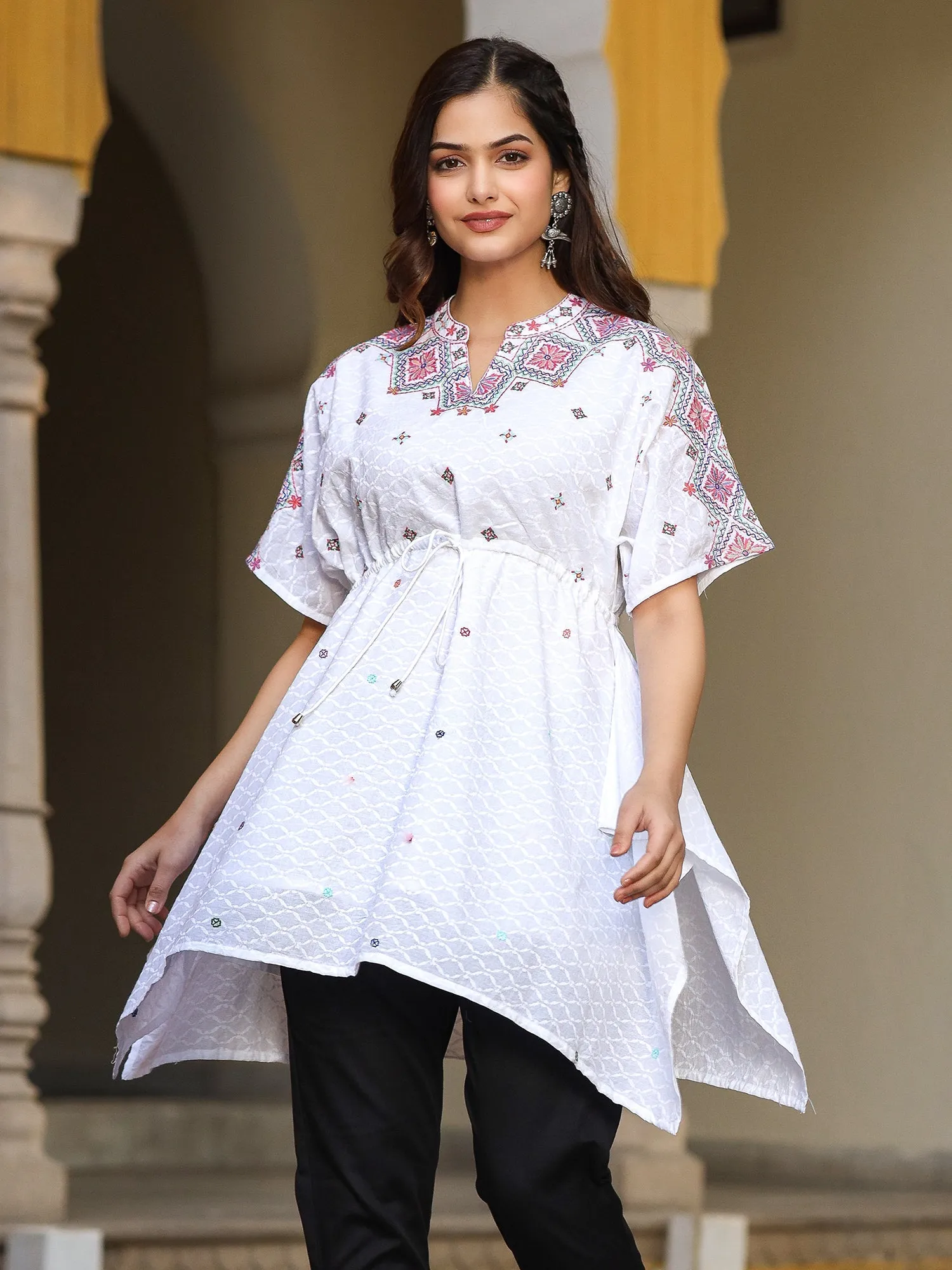 Jashvi White Cotton Dobby Asymmetric Peplum Tunic With Multi Colored Thread Embroidery