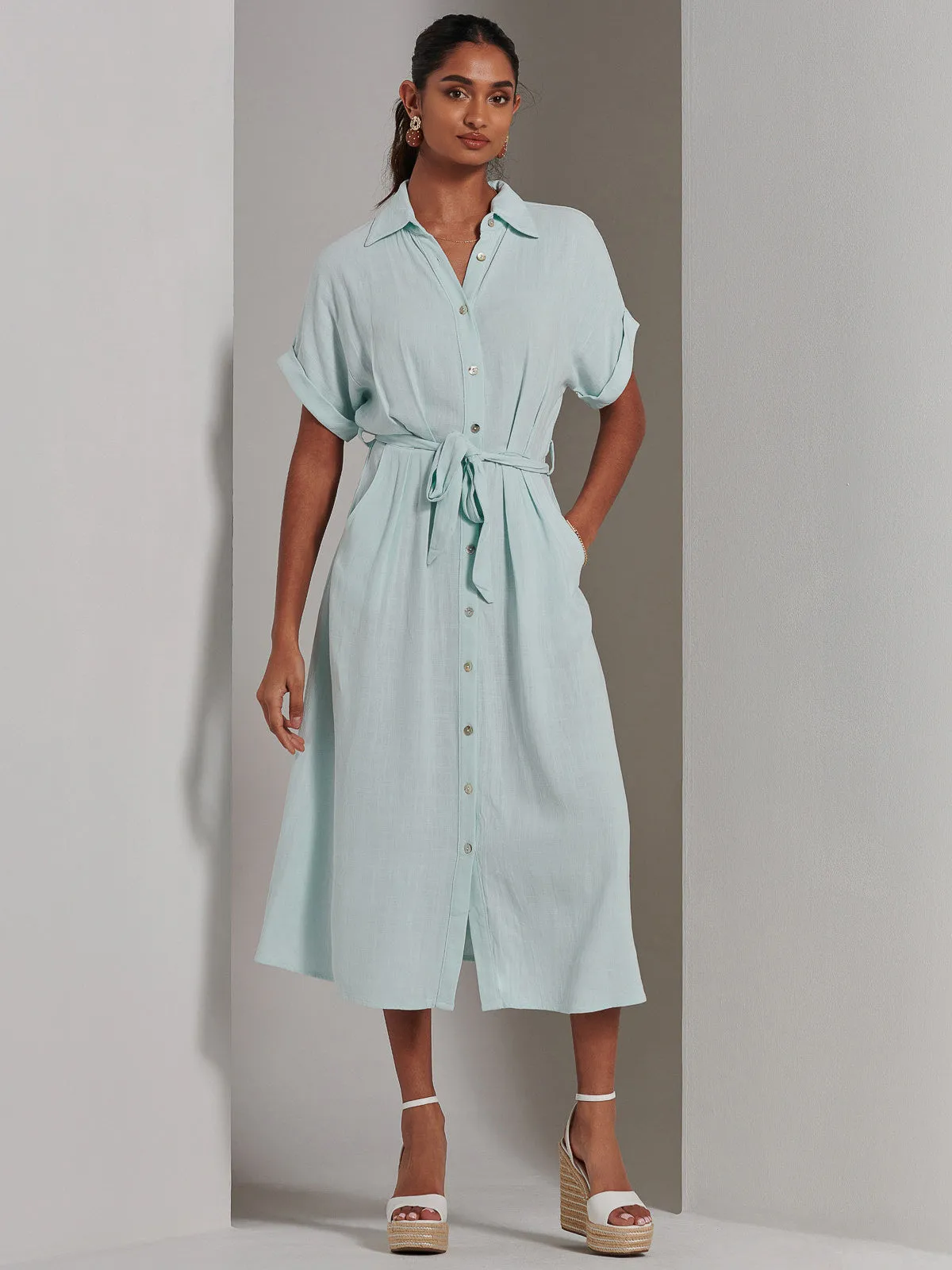 Jessie Linen Shirt Midi Dress, Light Blue