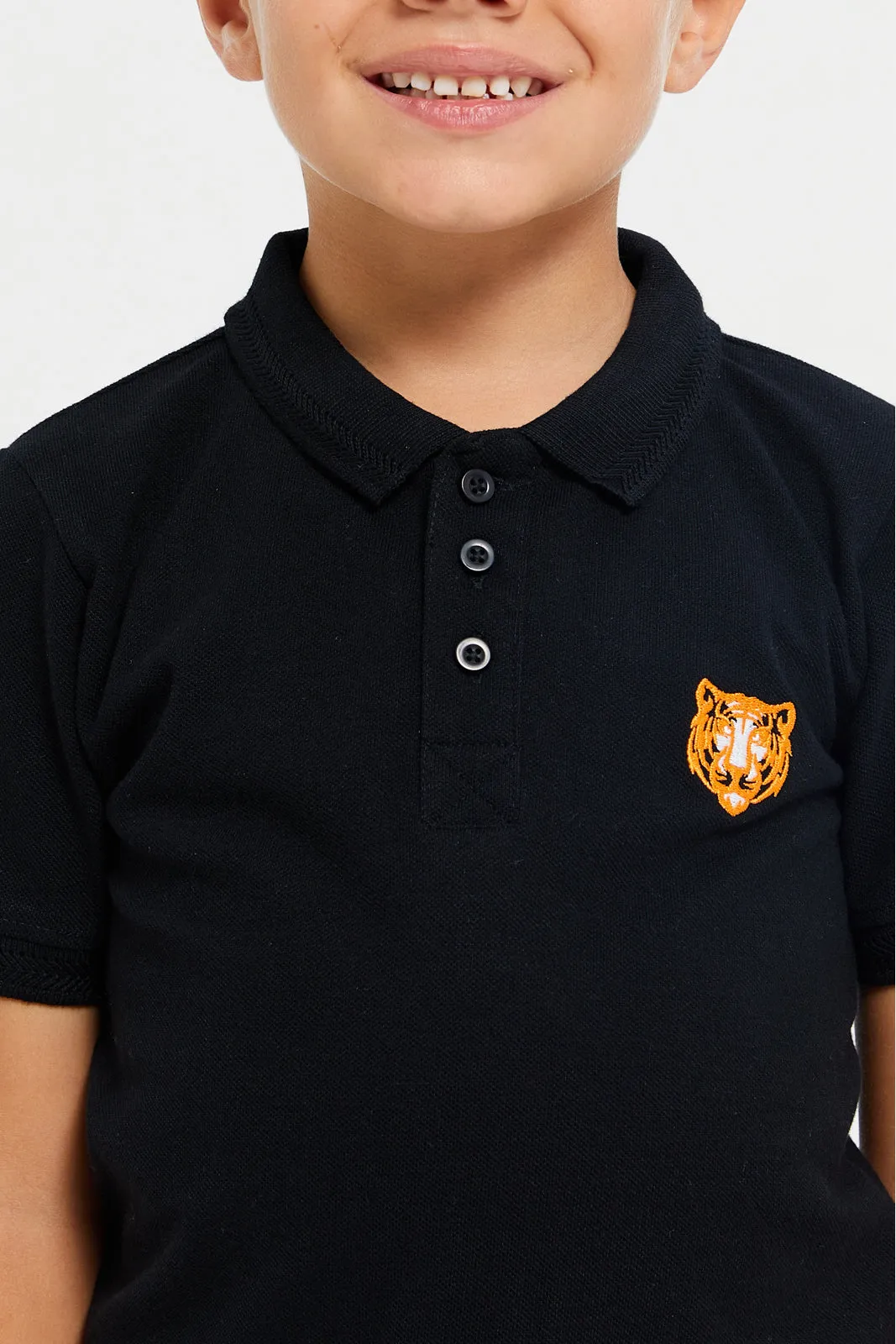 Junior Boys Black Basic Tipping Polo T-Shirt