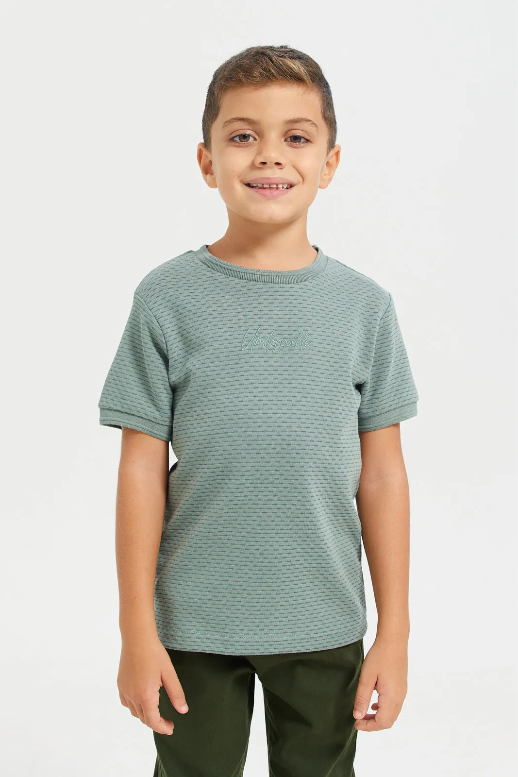 Junior Boys Sage Green Jacquard Tshirt