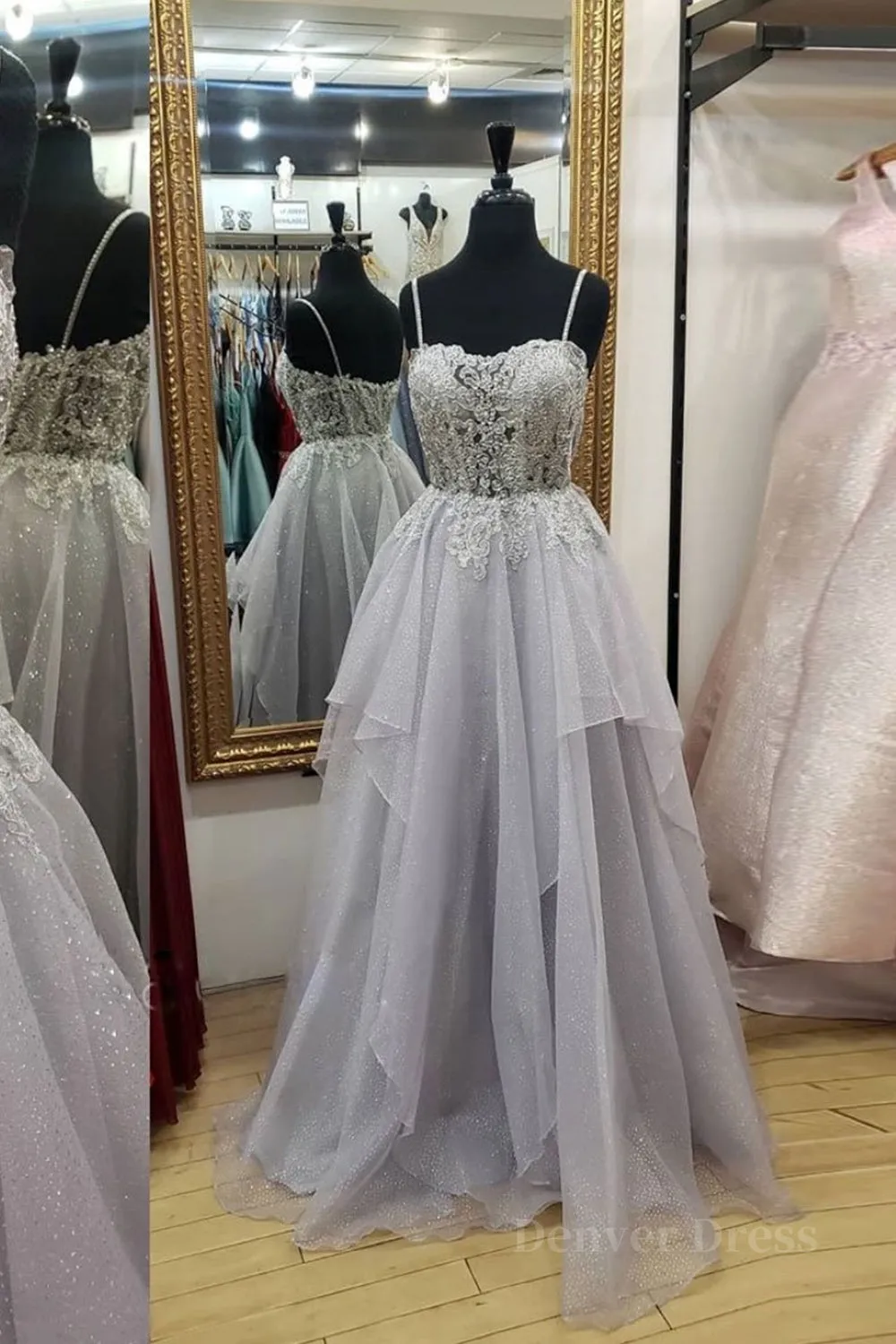 kamahe Shiny Open Back Gray Lace Long Prom Dresses, Gray Lace Formal Dresses, Long Grey Evening Dresses