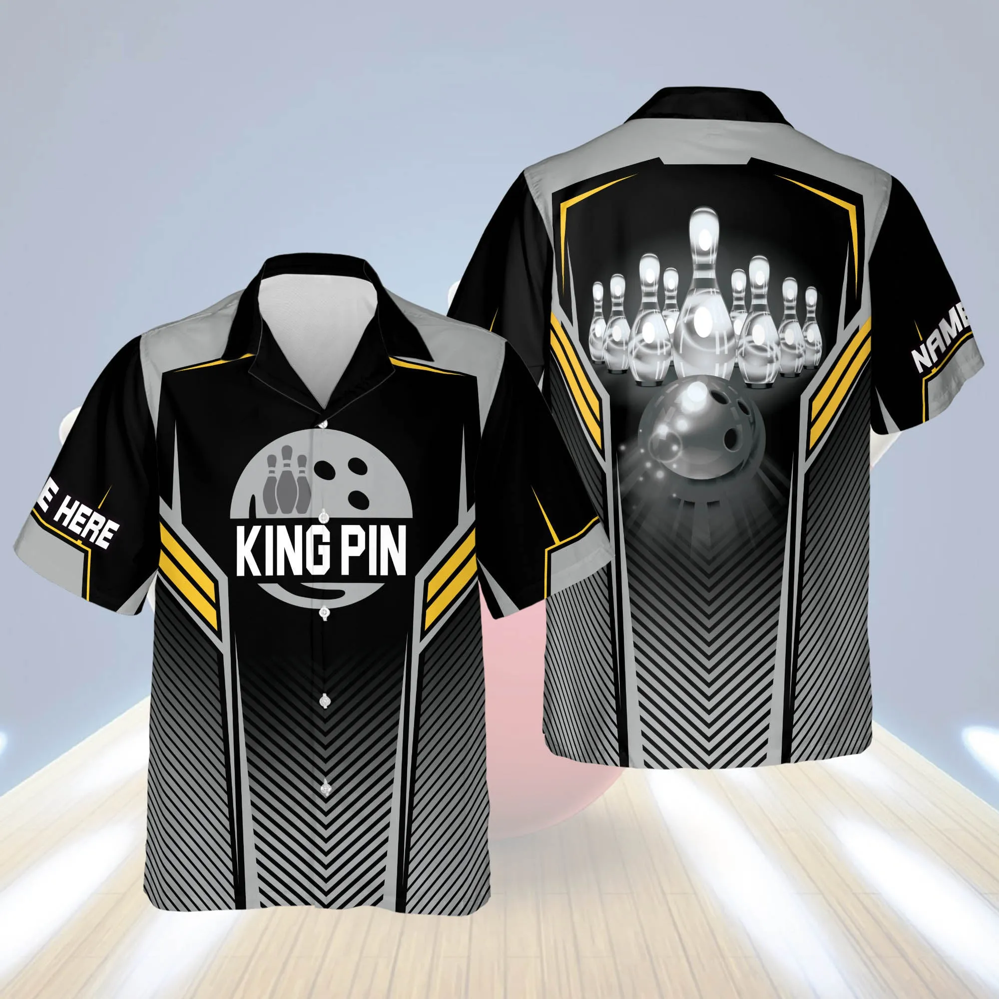 King Pins Button-Down Hawaiian Shirt, bowling Hawaiian Shirt for Men, Bowling team shirt