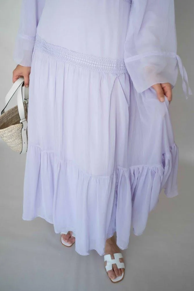 Lavender Vivvie classic chiffon dress lined not sheer with maxi sleeve and lace detail