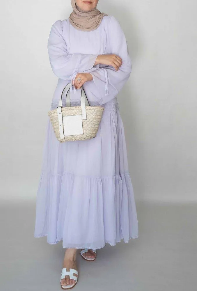 Lavender Vivvie classic chiffon dress lined not sheer with maxi sleeve and lace detail