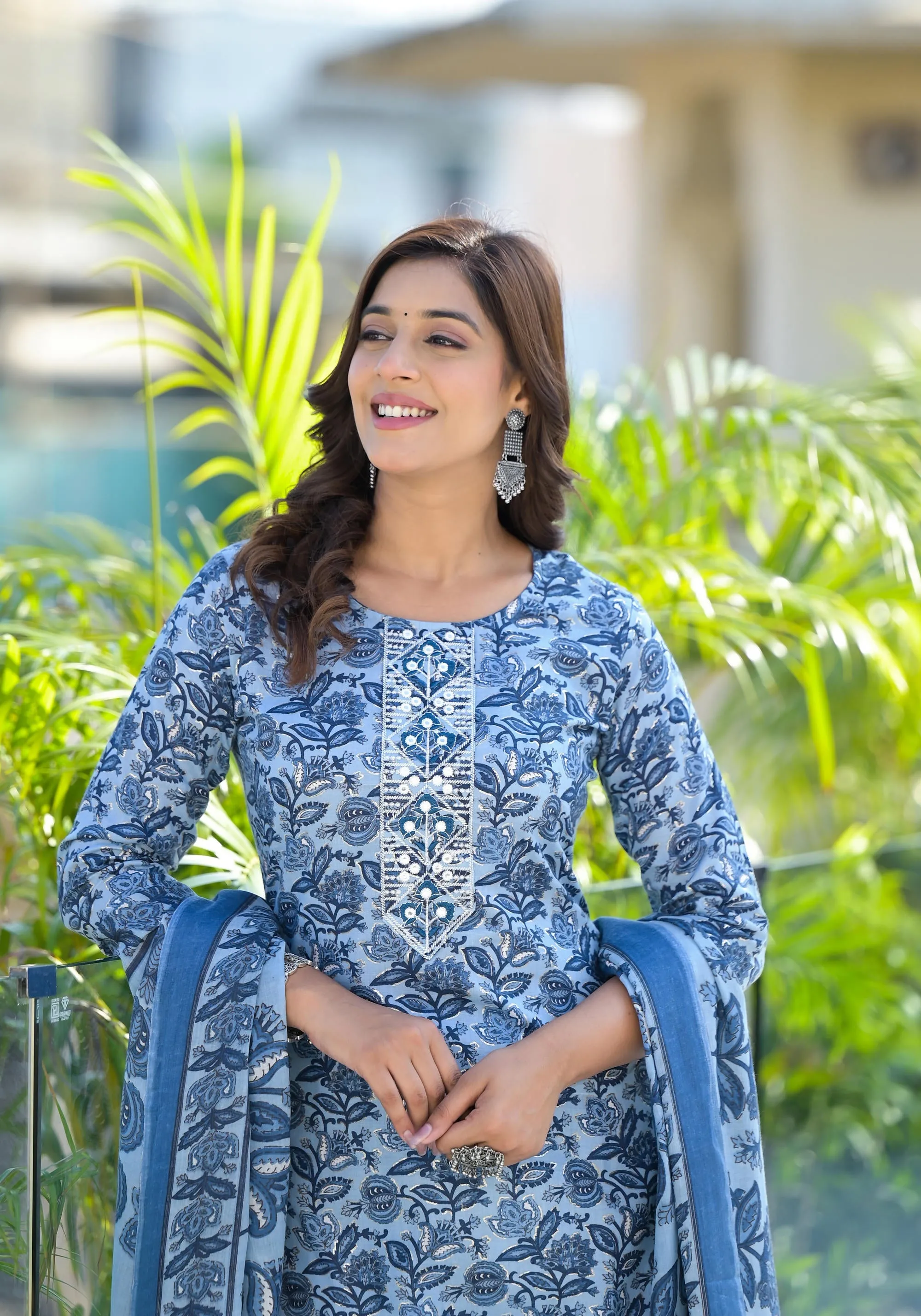 Light Blue Floral Printed Cotton Kurta Pant And Dupatta Set With Thread & Mirror Work