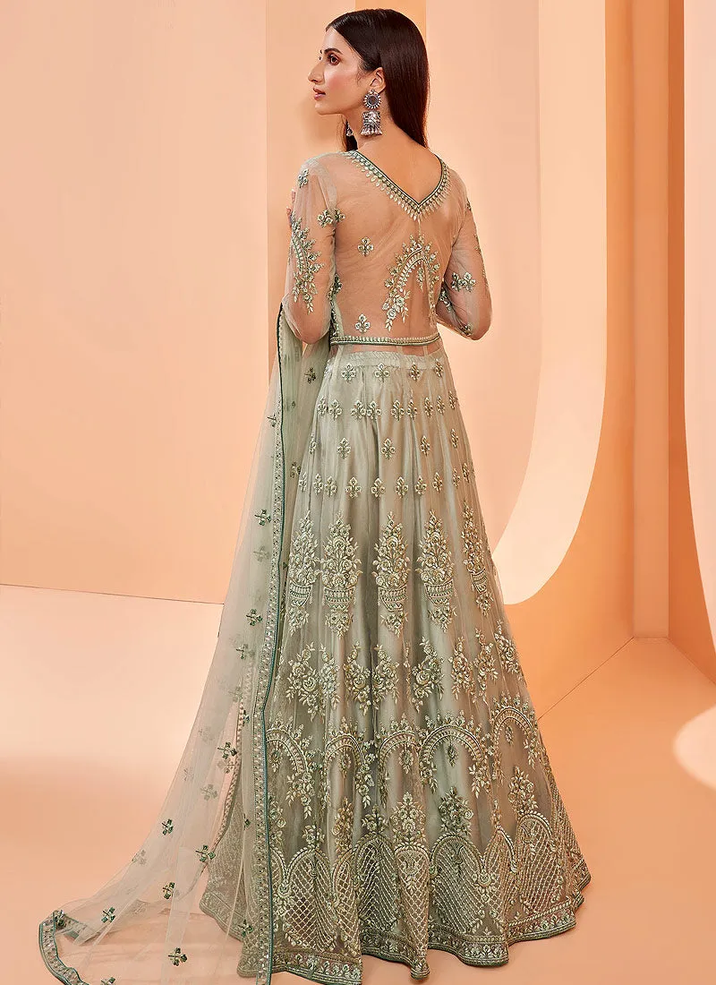 Light Green Designer Embroidered Slit Style Anarkali