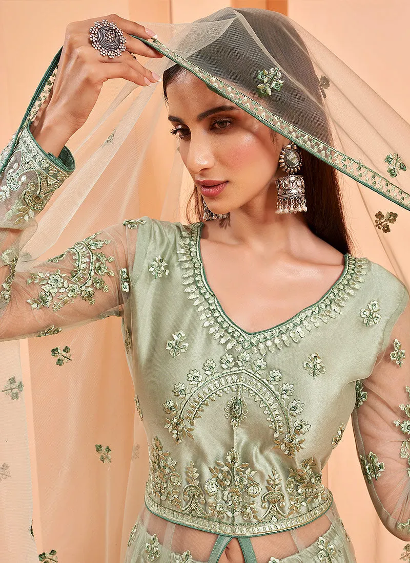 Light Green Designer Embroidered Slit Style Anarkali