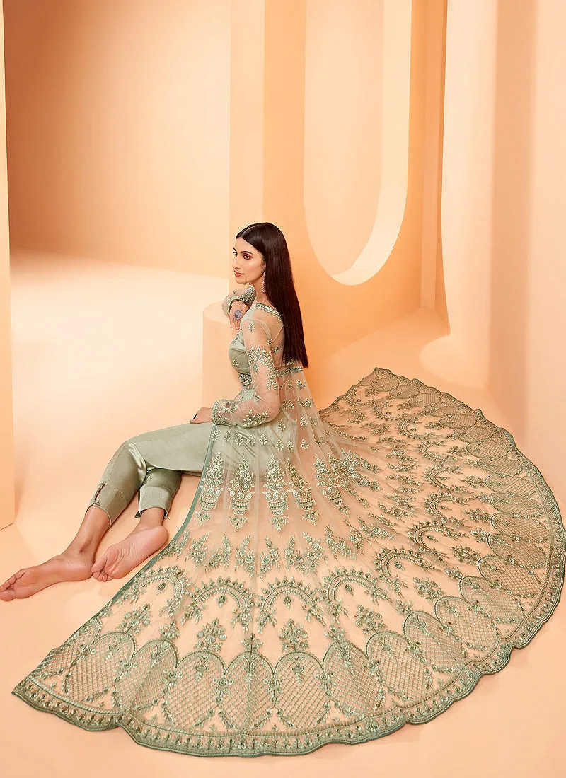 Light Green Designer Embroidered Slit Style Anarkali