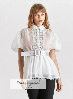 Lisa top -  White Elegant Sheer Belted Women Blouse Lapel Collar Short Puff Sleeve Chiffon Top