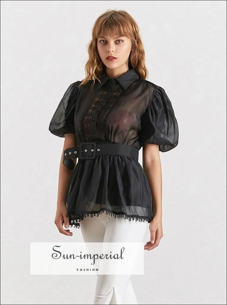 Lisa top -  White Elegant Sheer Belted Women Blouse Lapel Collar Short Puff Sleeve Chiffon Top