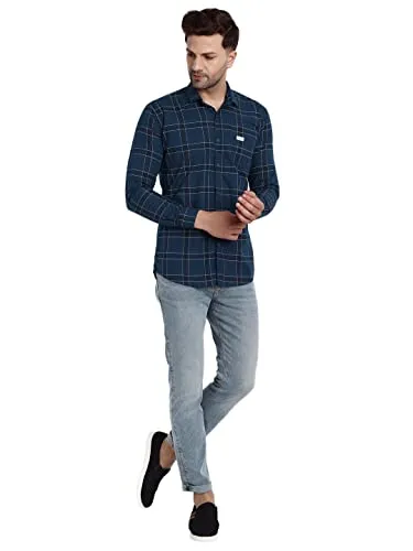 Majestic Man Slim Fit Cotton Casual Check Shirt for Men (Large, Navy Blue)