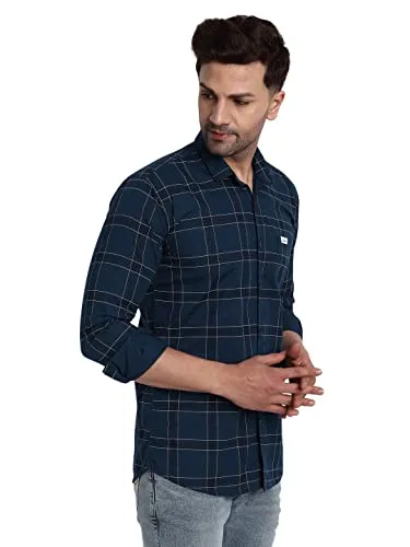 Majestic Man Slim Fit Cotton Casual Check Shirt for Men (Large, Navy Blue)