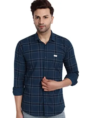 Majestic Man Slim Fit Cotton Casual Check Shirt for Men (Large, Navy Blue)