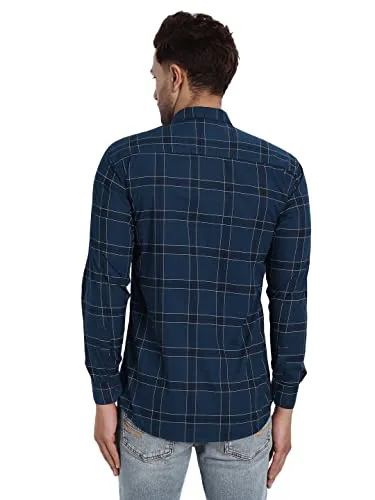 Majestic Man Slim Fit Cotton Casual Check Shirt for Men (Large, Navy Blue)