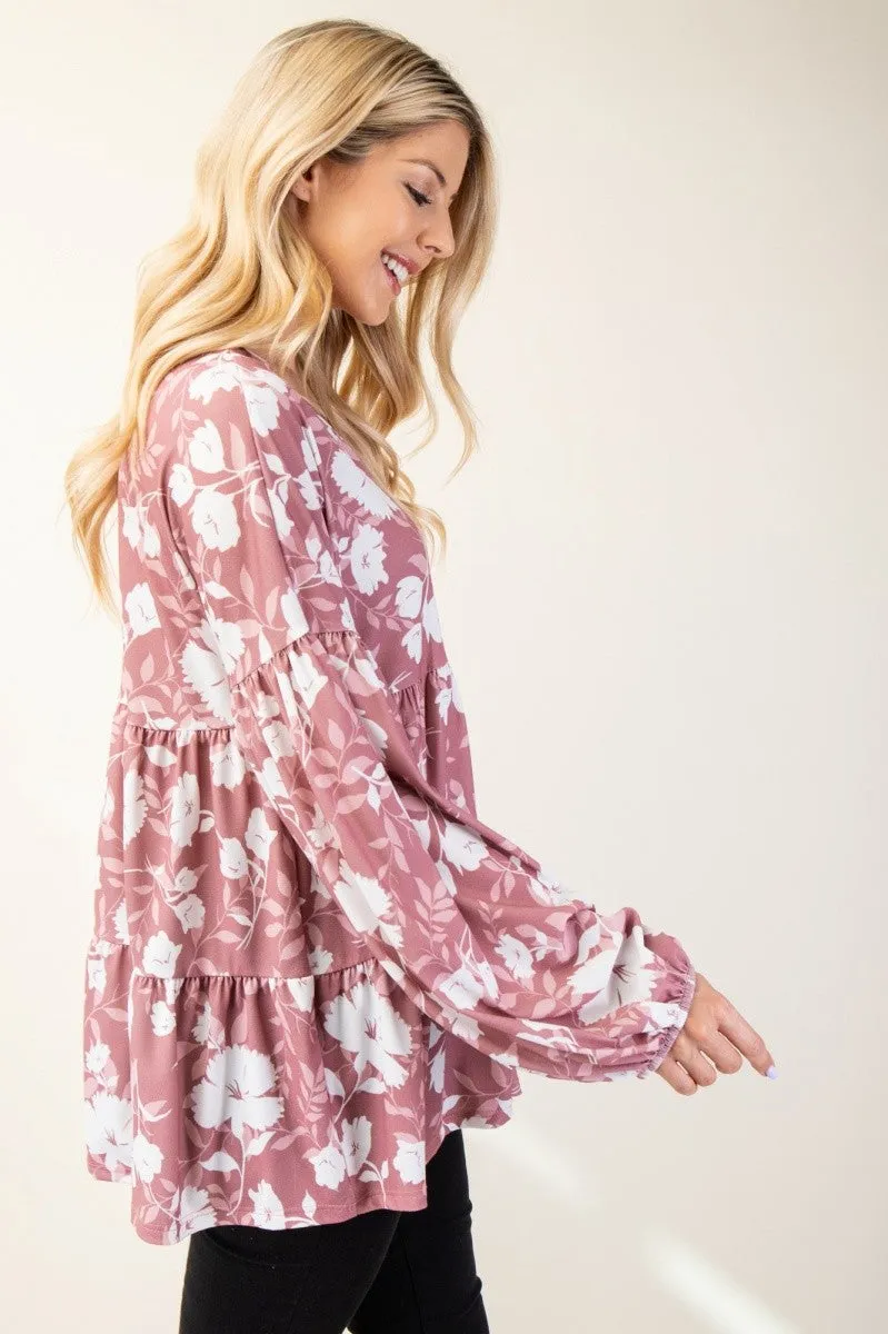 Mauve Floral V-Neck Balloon Sleeve Tiered Top