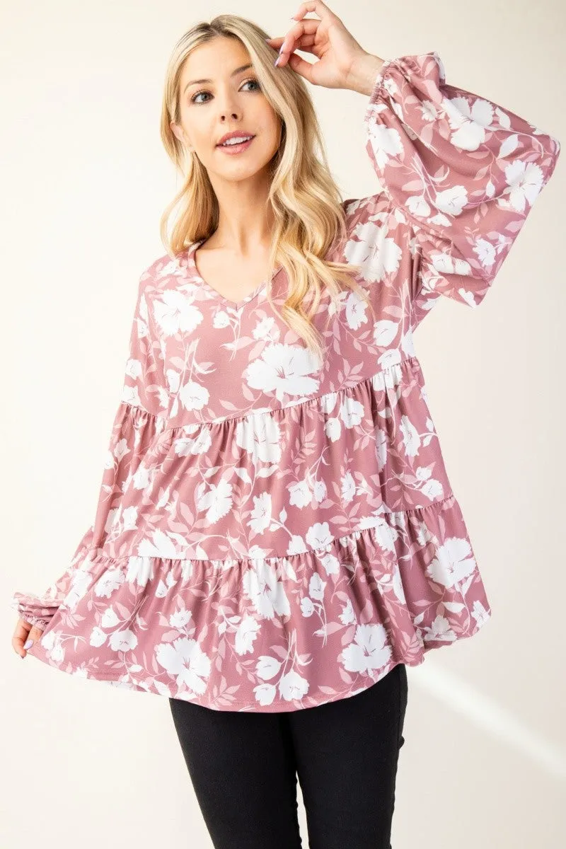 Mauve Floral V-Neck Balloon Sleeve Tiered Top