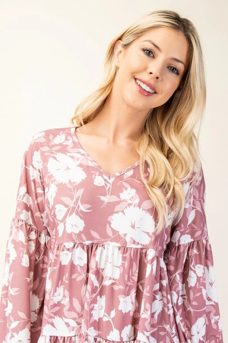 Mauve Floral V-Neck Balloon Sleeve Tiered Top