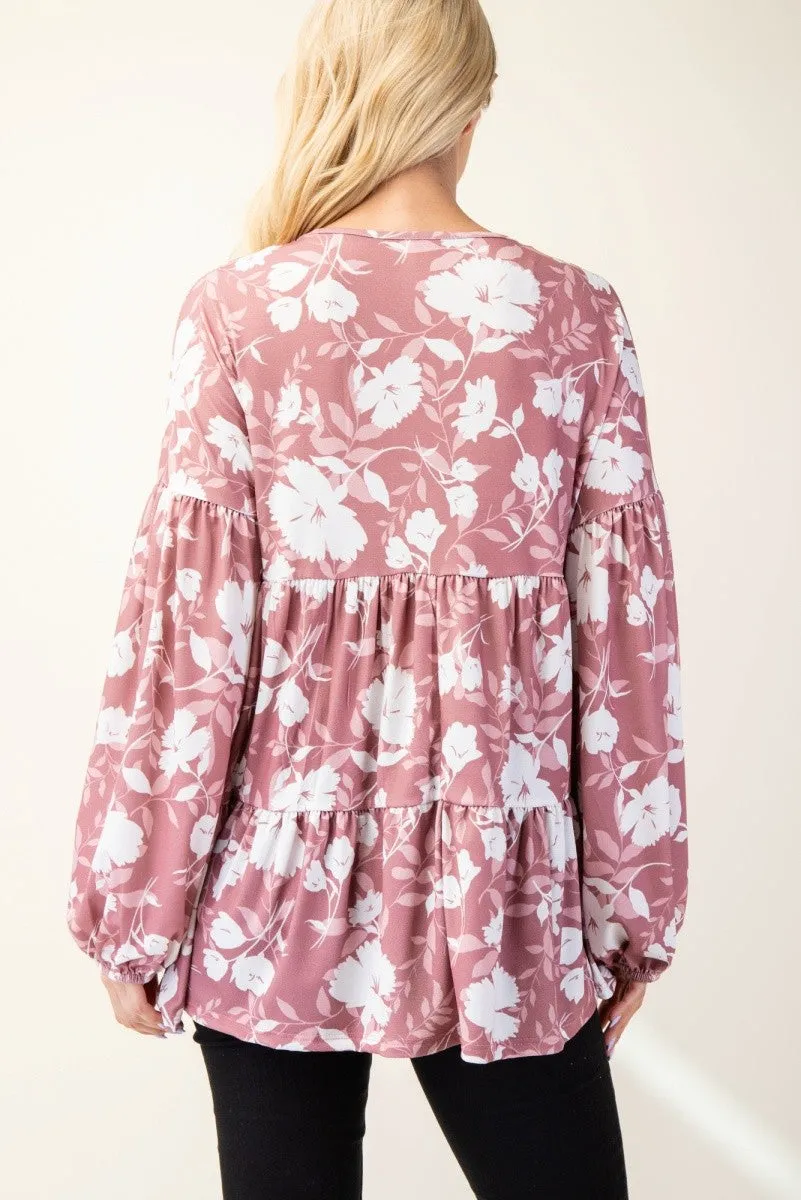 Mauve Floral V-Neck Balloon Sleeve Tiered Top