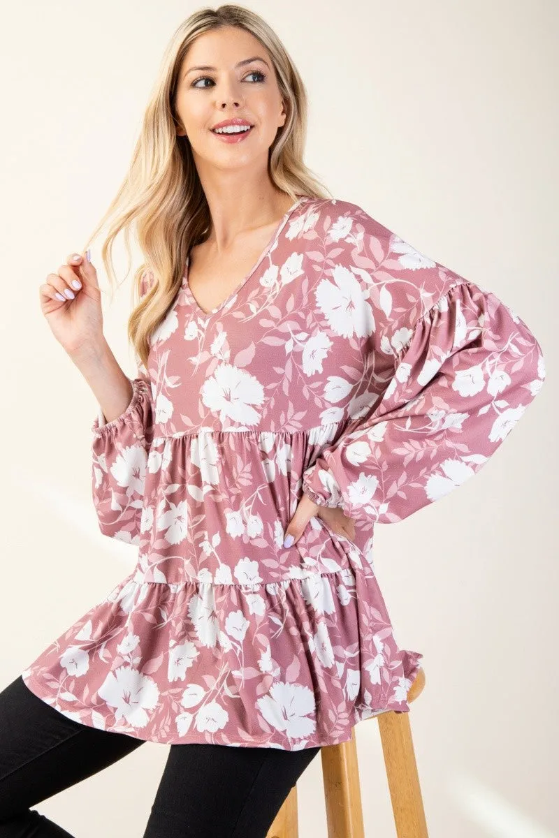 Mauve Floral V-Neck Balloon Sleeve Tiered Top