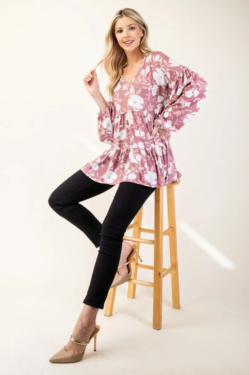 Mauve Floral V-Neck Balloon Sleeve Tiered Top