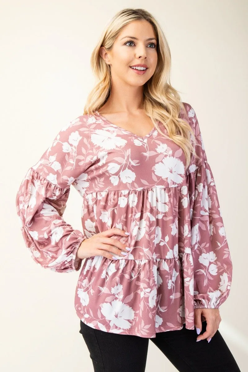 Mauve Floral V-Neck Balloon Sleeve Tiered Top