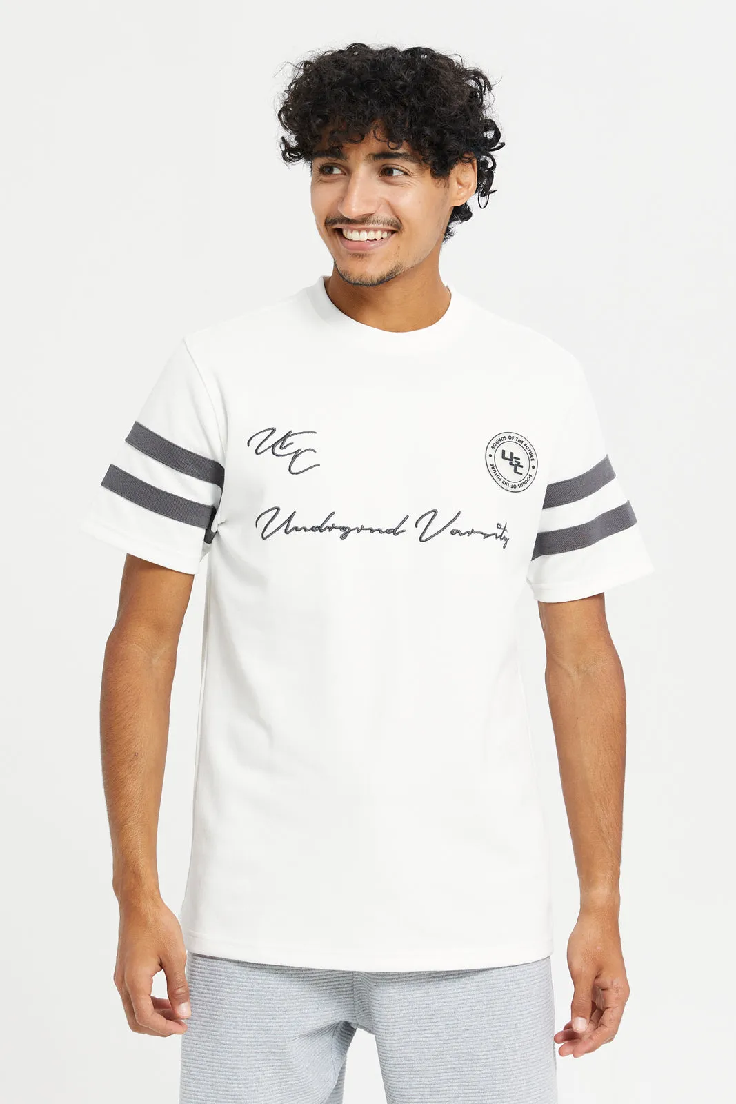 Men White Sleeve Stripe T-Shirt