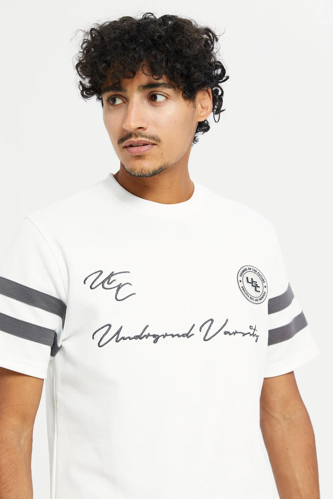 Men White Sleeve Stripe T-Shirt