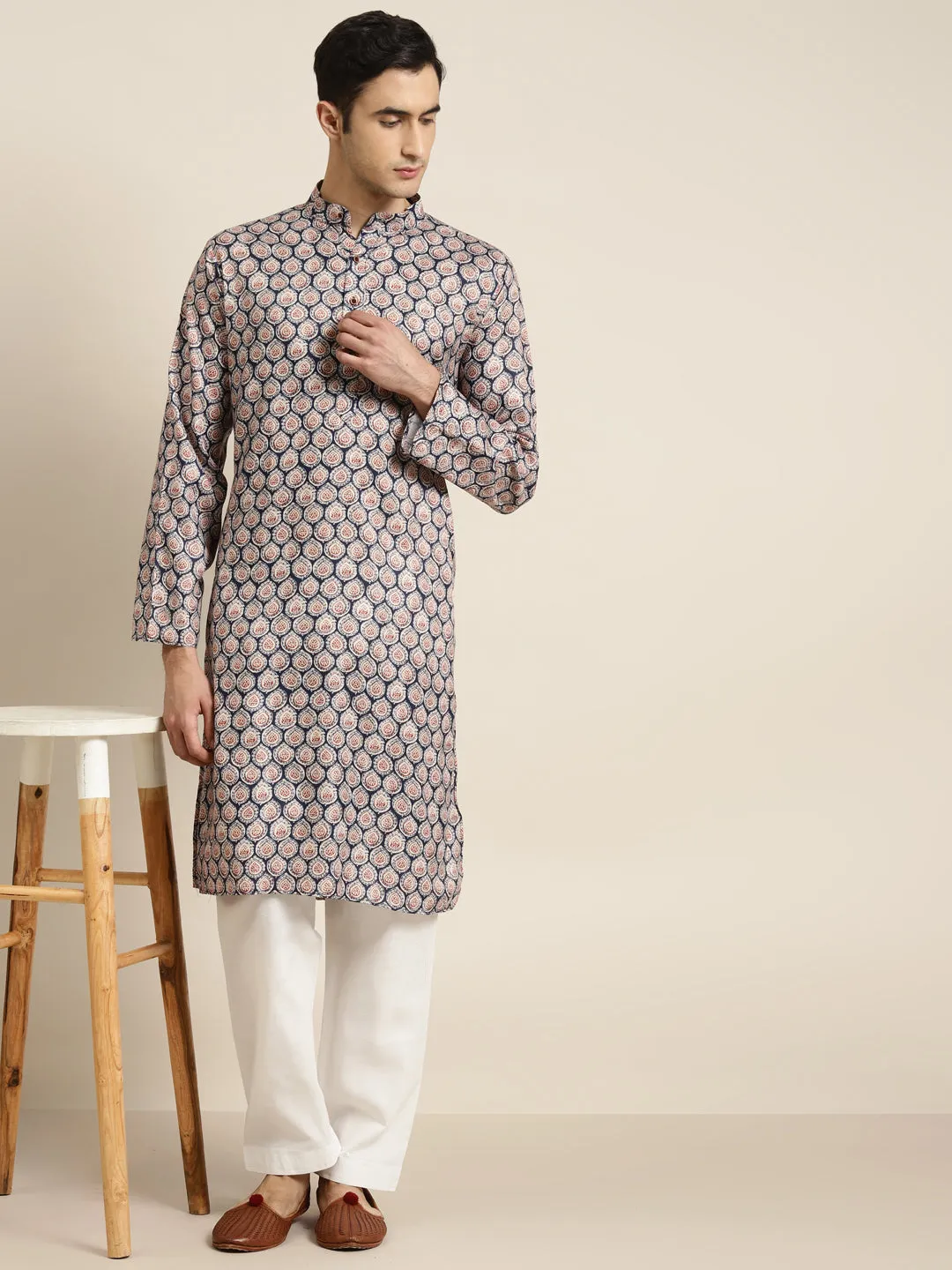 Men's Cotton Beige Printed Kurta & White Churidar Pyjama Set - Sojanya