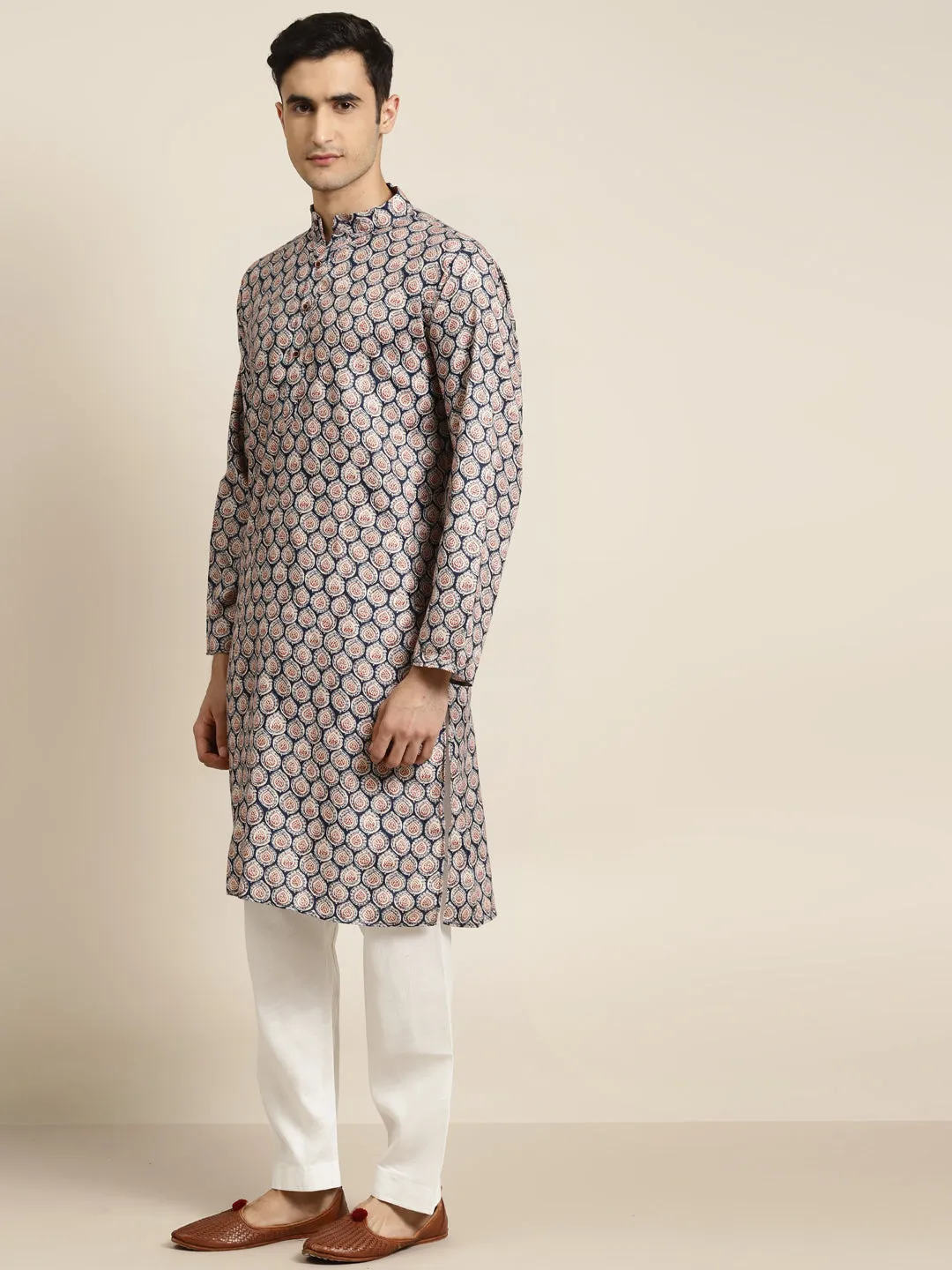 Men's Cotton Beige Printed Kurta & White Churidar Pyjama Set - Sojanya